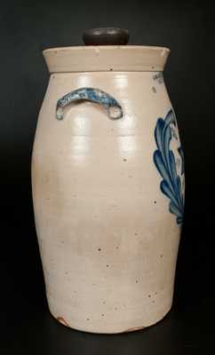 Rare 8 Gal. E.W. FARRINGTON / ELMIRA, NY Stoneware Churn w/ Star and Unusual Molded Handles