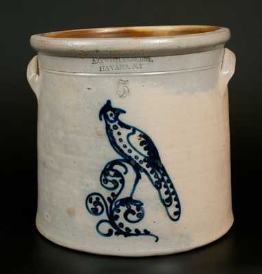 A.O. WHITTEMORE. / HAVANA. N.Y Stoneware Crock w/ Cobalt Bird Decoration, Five-Gallon