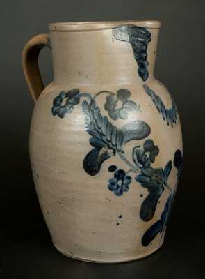 Fine Baltimore Stoneware Pitcher w/ Elaborate Cobalt Floral Decoration, Two-Gallon