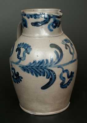 Fine and Rare Baltimore Stoneware Pitcher w/ Elaborate Cobalt Floral Decoration, Two-Gallon