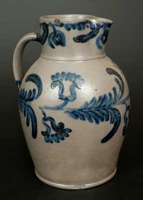 Fine and Rare Baltimore Stoneware Pitcher w/ Elaborate Cobalt Floral Decoration, Two-Gallon