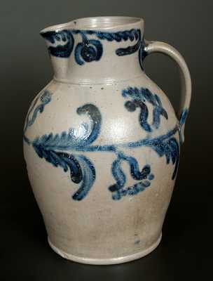 Fine and Rare Baltimore Stoneware Pitcher w/ Elaborate Cobalt Floral Decoration, Two-Gallon