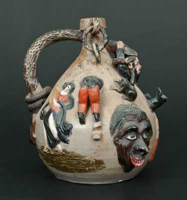 Exceedingly Rare and Important Anna Pottery Snake Jug w/ Civil War & Slavery Motifs