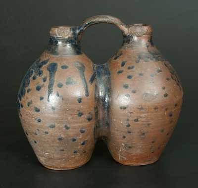 Extremely Rare Stoneware Gemel Jug w/ Cobalt Spotted and Floral Decoration