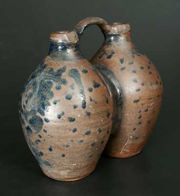 Extremely Rare Stoneware Gemel Jug w/ Cobalt Spotted and Floral Decoration