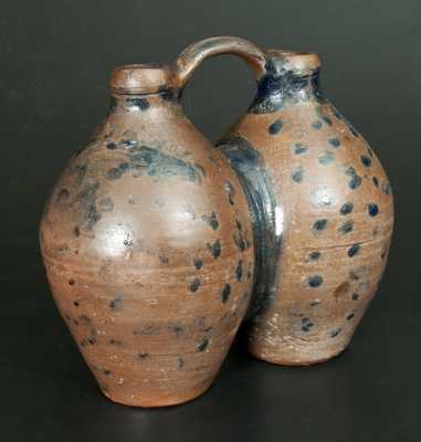 Extremely Rare Stoneware Gemel Jug w/ Cobalt Spotted and Floral Decoration