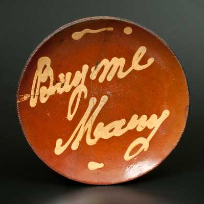 Rare Norwalk, CT Redware Plate with Yellow Slip Inscription,