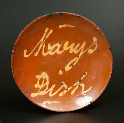 Rare Norwalk, CT Redware Plate with Yellow Slip Inscription "Marys Dish"