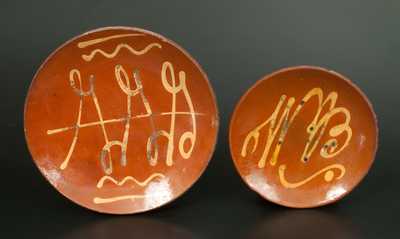 Lot of Two: Redware Dish with Yellow Slip Initials