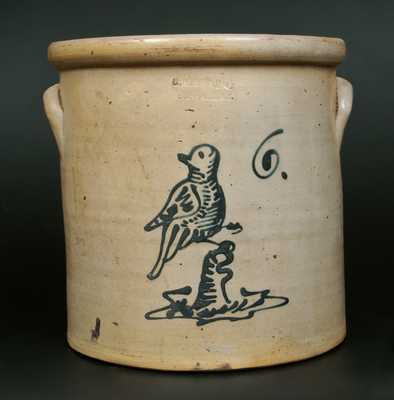6 Gal. C. W. BRAUN / BUFFALO, NY Stoneware Crock w/ Elaborate Bird on Stump Decoration
