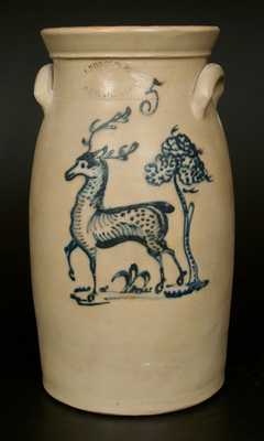 J. BURGER JR. / ROCHESTER, NY Stoneware Churn with Deer and Tree Decoration