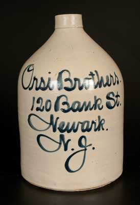 Orsi Bros. / Newark, NJ Stoneware Script Advertising Jug by Fulper Bros., Flemington, NJ