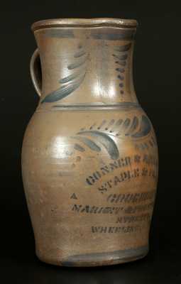 Very Rare Wheeling, WV Stoneware Advertising Pitcher with Brushed Decoration