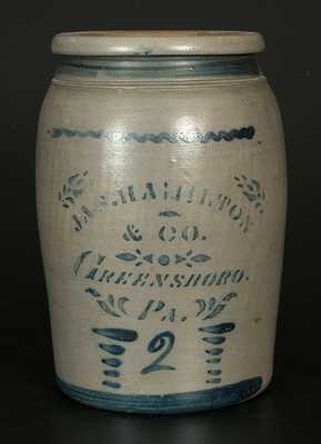 2 Gal. JAS. HAMILTON & CO. / GREENSBORO, PA Stoneware Jar with Stenciled and Brushed Decoration