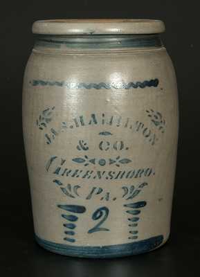 2 Gal. JAS. HAMILTON & CO. / GREENSBORO, PA Stoneware Jar with Stenciled and Brushed Decoration