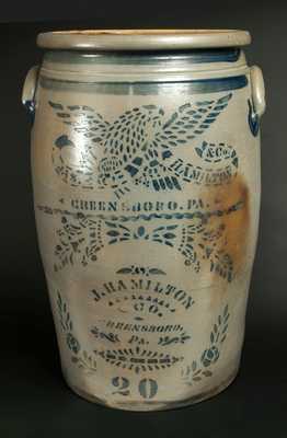 Exceptional 20 Gal. JAS. HAMILTON & CO. / GREENSBORO, PA Stoneware Eagle Crock