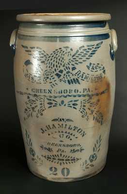 Exceptional 20 Gal. JAS. HAMILTON & CO. / GREENSBORO, PA Stoneware Eagle Crock