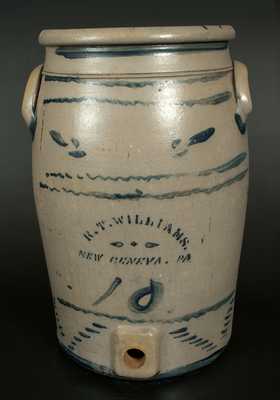 Rare R. T. WILLIAMS / NEW GENEVA, PA 10 Gal. Stoneware Water Cooler w/ Brushed Decoration