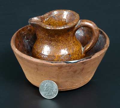 Very Rare Miniature Redware Pitcher & Bowl w/ Cain Family (Sullivan County, TN) Provenance