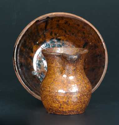 Very Rare Miniature Redware Pitcher & Bowl w/ Cain Family (Sullivan County, TN) Provenance