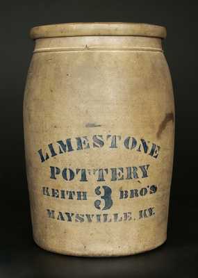 Very Rare LIMESTONE POTTERY / KEITH BROS / MAYSVILLE, KY 3 Gal. Stoneware Crock