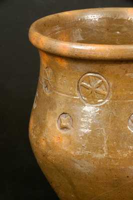 Very Unusual Redware Jar with Stamped Raised Star and Pinwheel Designs