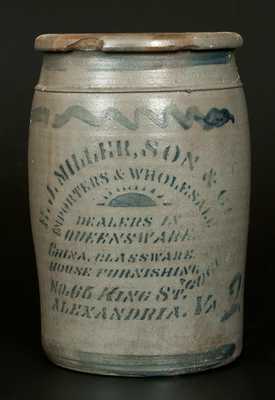 Very Fine E. J. MILLER / ALEXANDRIA, VA Stoneware Advertising Crock with Stenciled Sun