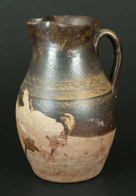 Unusual Stoneware Pitcher with Albany Slip Dip and Incised Sine Wave Design, Tennessee Origin