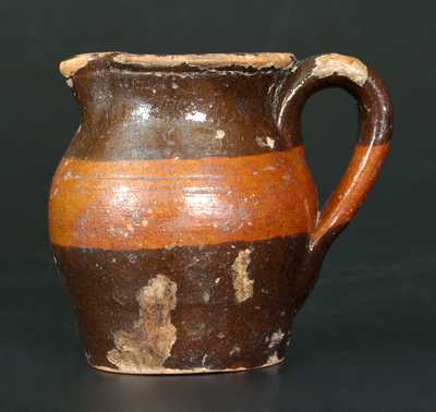 Unusual Redware Cream Pitcher w/ Striped Decoration, Great Road Tennessee or Virginia