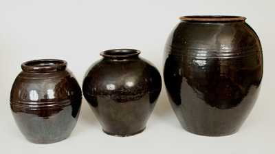 Lot of Three: Large Ovoid Manganese-Glazed Redware Jars