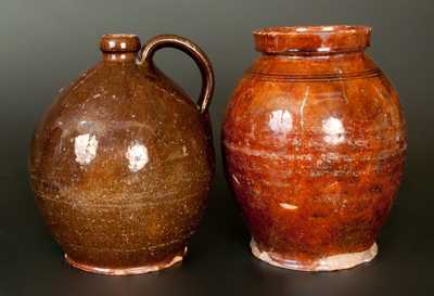 Lot of Two: Early Ovoid Lead-Glazed Redware Jug and Lead-Glazed Redware Jar