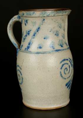 Unusual Western PA or Ohio Stoneware Pitcher with Stenciled and Sponged Cobalt Decoration