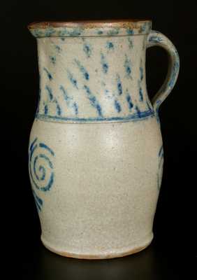 Unusual Western PA or Ohio Stoneware Pitcher with Stenciled and Sponged Cobalt Decoration