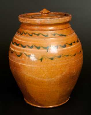Redware Lidded Jar with Yellow and Green Slip Decoration