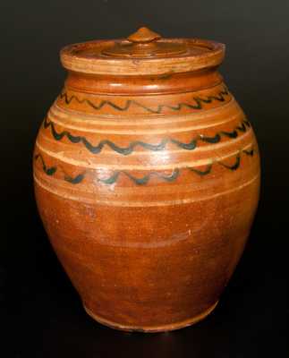 Redware Lidded Jar with Yellow and Green Slip Decoration