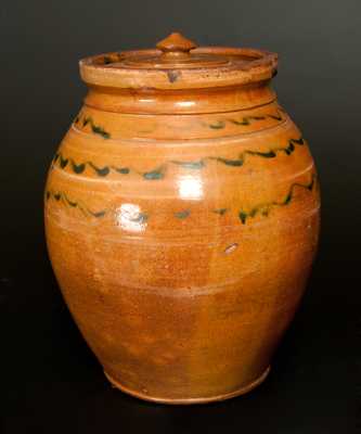 Redware Lidded Jar with Yellow and Green Slip Decoration