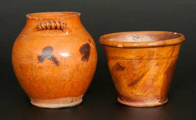Lot of Two: Redware Jar with Unusual Handles and Redware Flowerpot