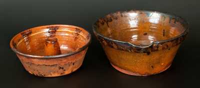 Lot of Two: Redware Batter Bowl and Redware Cake Mold w/ Manganese Sponging