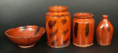 Lot of Four: Connecticut Redware with Manganese Decoration (Flask, Bowl, and Two Jars)