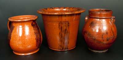 Lot of Three: Redware with Manganese Sponging incl. Large Flowerpot, Batter Pitcher, and Ovoid Jar