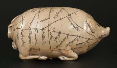 Exceptional Anna Pottery Salt-Glazed Stoneware Pig Flask w/ Detailed Railroad Map, 