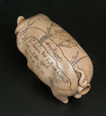 Exceptional Anna Pottery Salt-Glazed Stoneware Pig Flask w/ Detailed Railroad Map, 