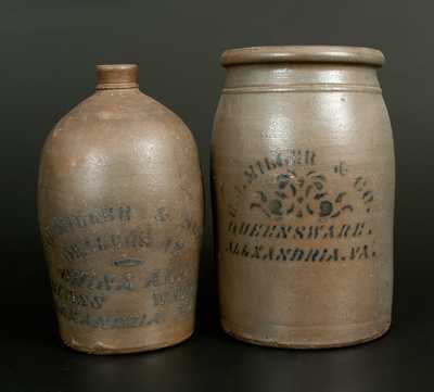 Lot of Two: E. J. MILLER / ALEXANDRIA, VA Stoneware Advertising Crock and Advertising Jug