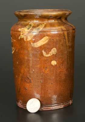 Small Lead-Glazed Redware Jar with Yellow Slip Decoration