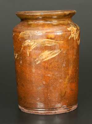 Small Lead-Glazed Redware Jar with Yellow Slip Decoration