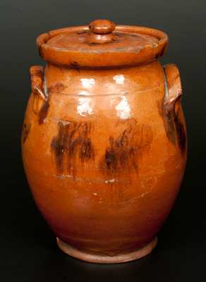 New England Lidded Redware Jar with Manganese Decoration