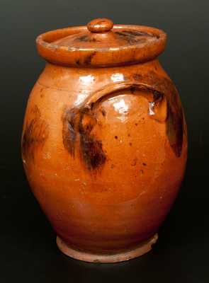 New England Lidded Redware Jar with Manganese Decoration