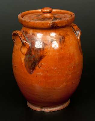 New England Lidded Redware Jar with Manganese Decoration