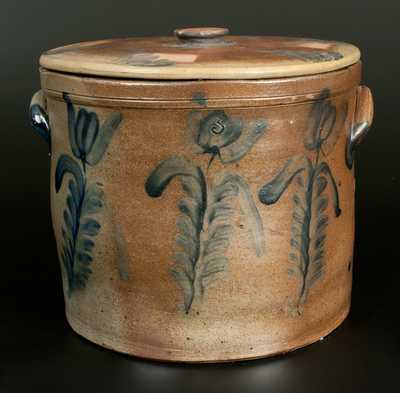 3 Gal. Stoneware Lidded Crock with Tulip Decoration, Richard Remmey, Philadelphia, c1870