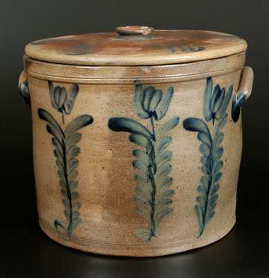 3 Gal. Stoneware Lidded Crock with Tulip Decoration, Richard Remmey, Philadelphia, c1870